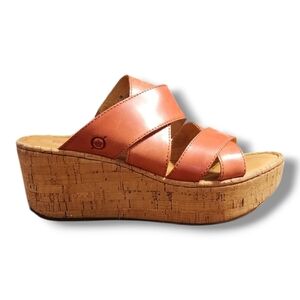 Born Marjorie Cork & Leather Wedge Slip-On Open Toe Sandals Coral Pink Size 8